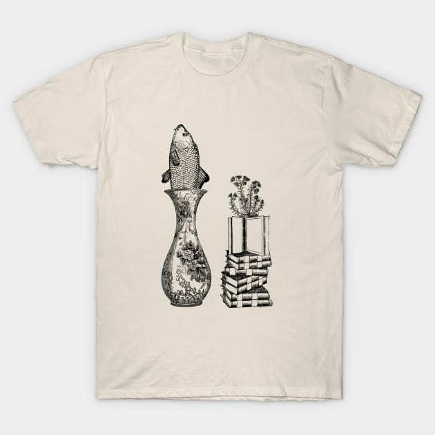 Weird fish flowers and books composition T-Shirt by OdllyWeird